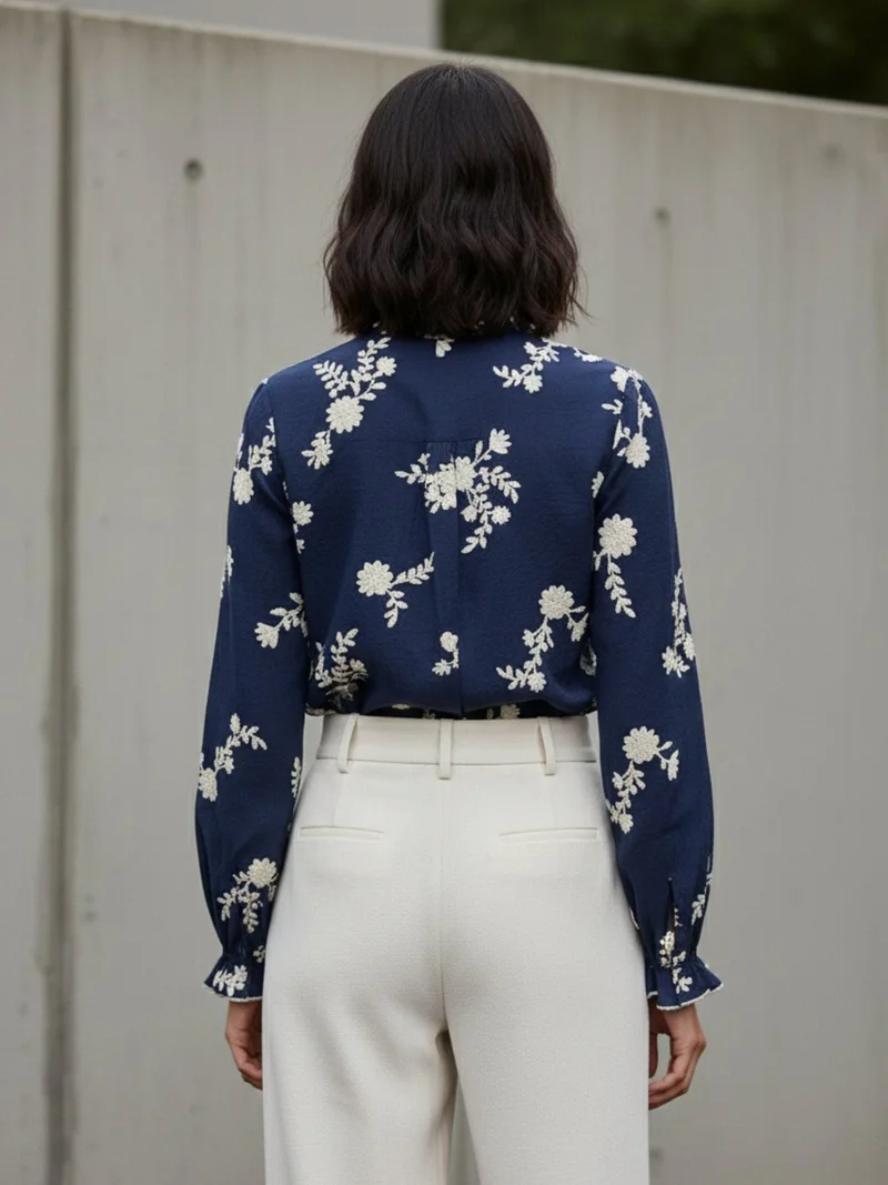 Outzidr Blue Navy Blue Bishop Sleeve Front Buttoned Embroidered Top for Women | Best Price UAE